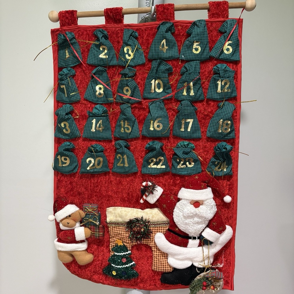 Vtg Christmas Countdown Advent Calendar Felt Wall Hanging Santa Handmade 20x28"